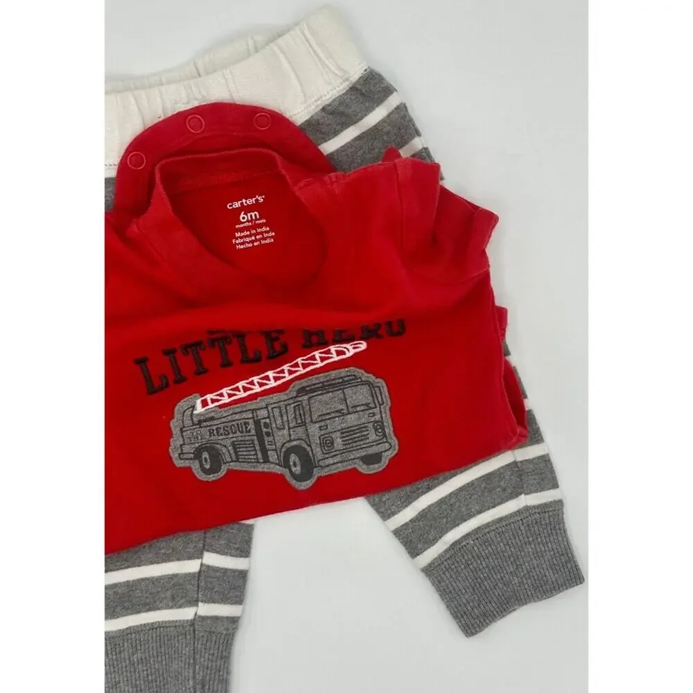 Carter’s Little Hero Set Size 9 Month Red Gray White Stripe Firetruck (799)